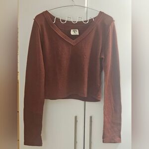 Free People V-Neck Ribbed Long Sleeve Top - Rust